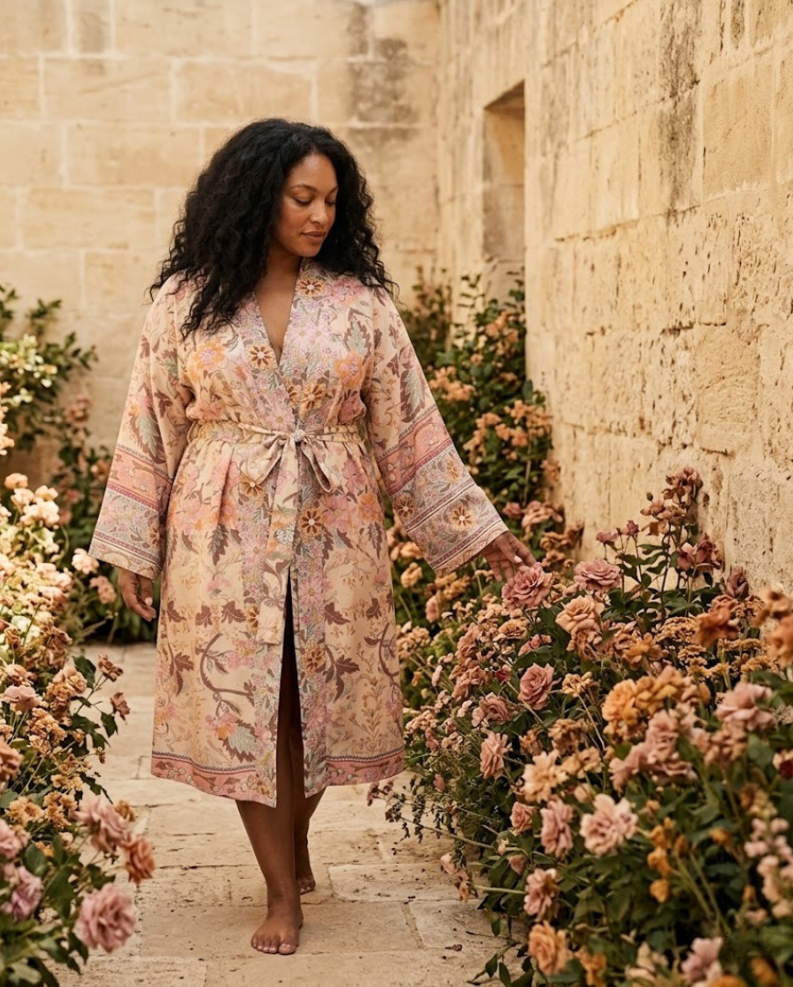 "The garden and the sky above it. Two prints that share the same robe and nothing else."