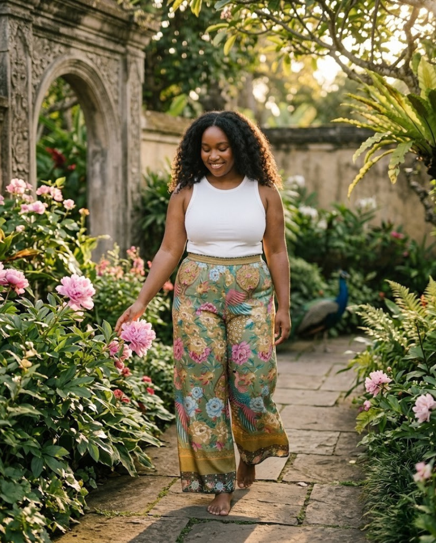"The peacock in the garden it always deserved — and the pant that gives it room to move."